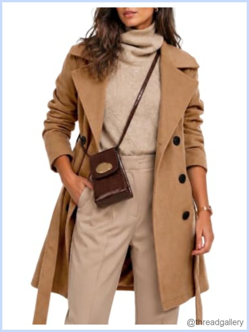 Womens Wool Blend Double Breasted Midi Trench Coat with Belt